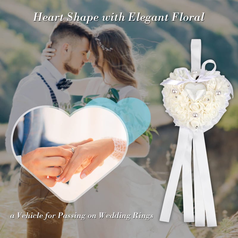 TOPINCN Wedding Pillow, Eemoon Flor Girl Basket White Wedding Pillow Romantic Lace Wedding Heart Pillow Cushion, Flor Girl Basket with Ribbon Pearl Wedding Ceremony Holder for Wedding Supplies - Image 2